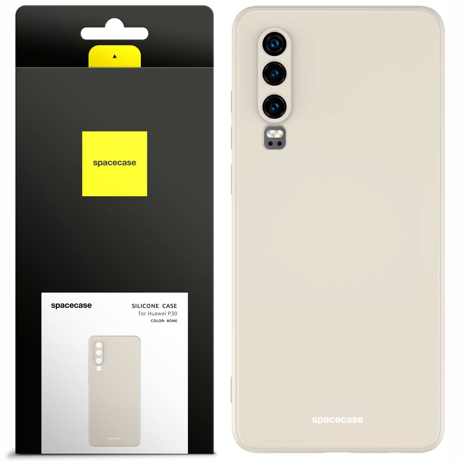 Etui na telefon w kolorze kości słoniowej do Huawei P30 z logo Spacecase obok pudełka.