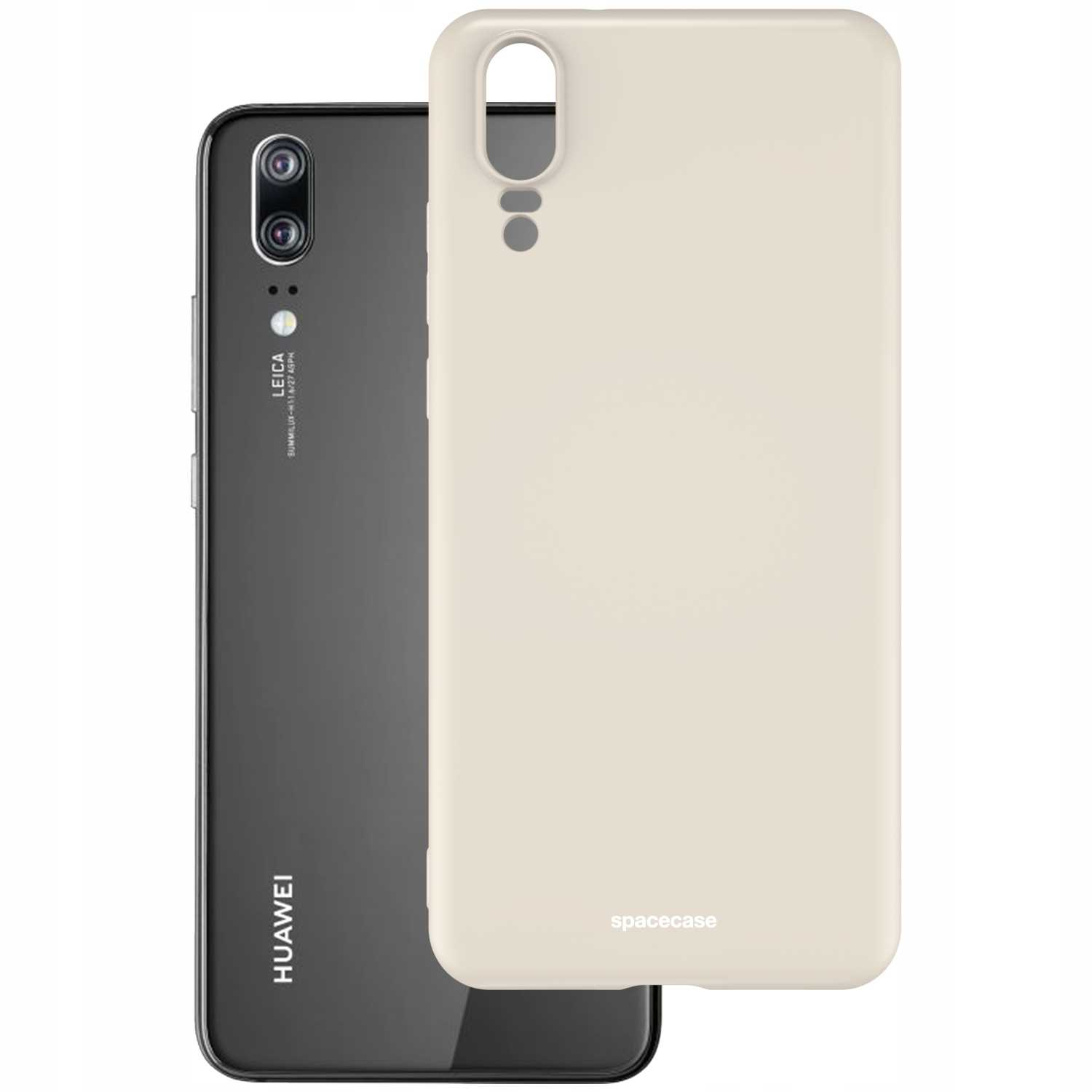 Czarny telefon Huawei obok etui Spacecase w kolorze kości słoniowej.