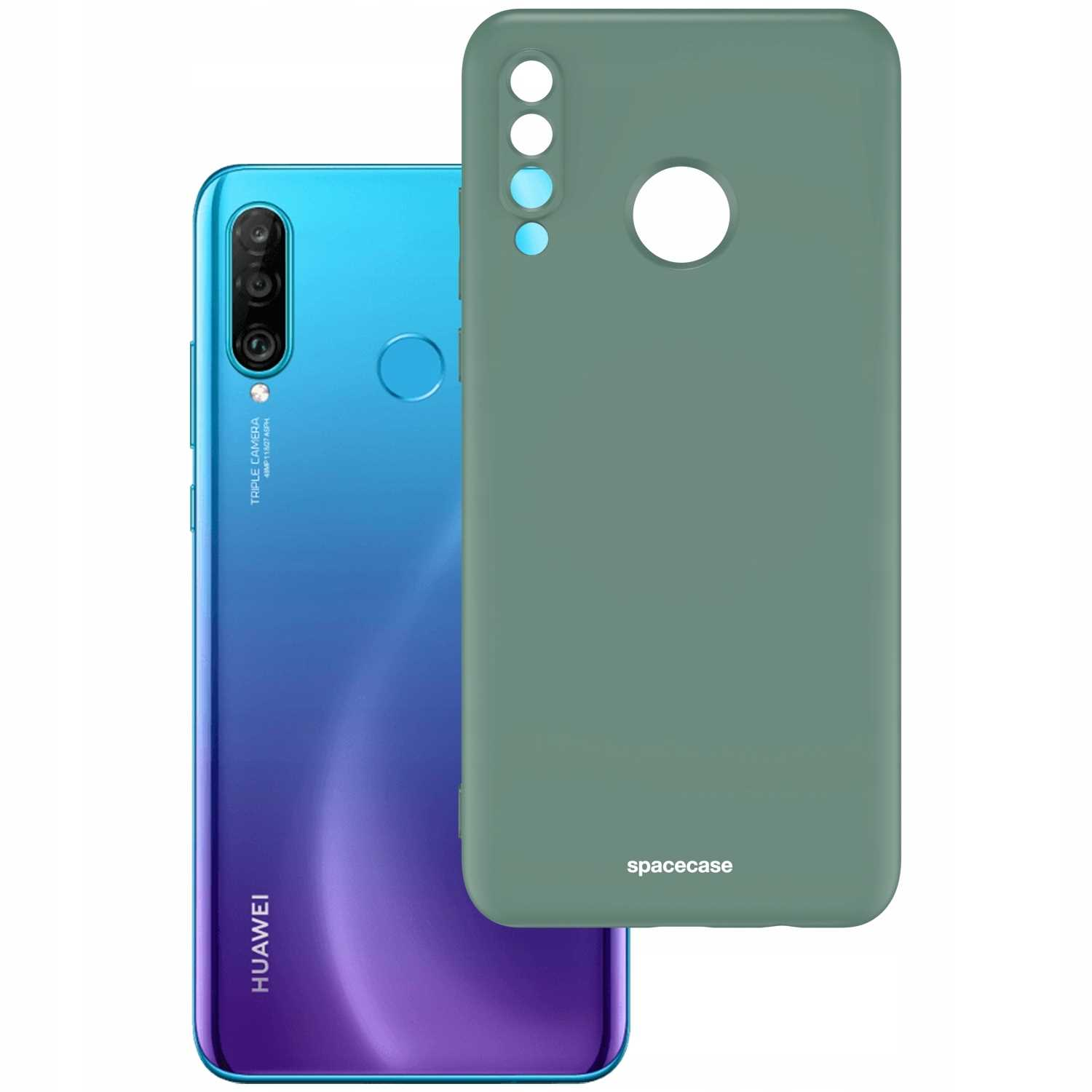Niebieski telefon Huawei obok ciemnozielonego etui Spacecase.