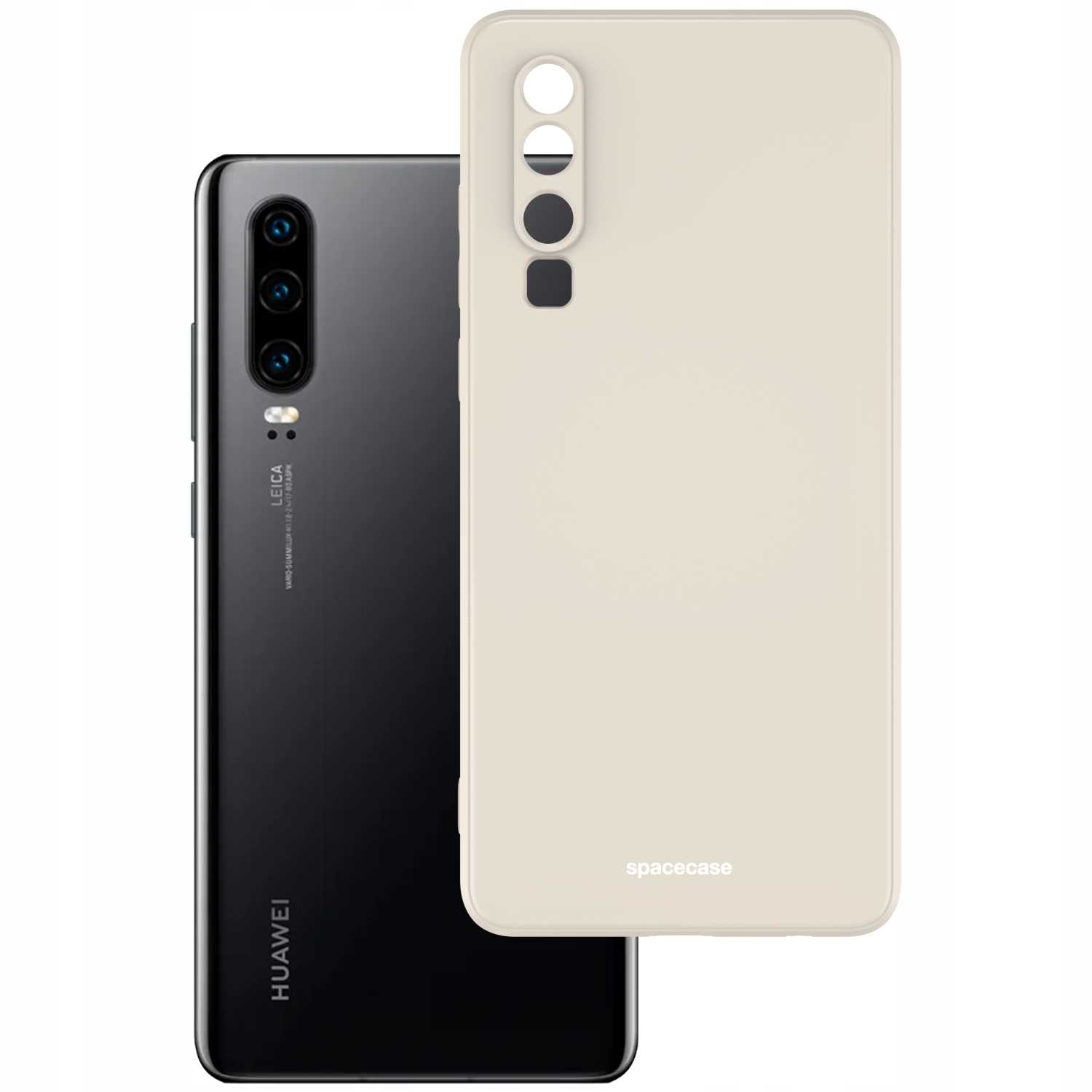Czarny telefon Huawei obok etui Spacecase w kolorze kości słoniowej.