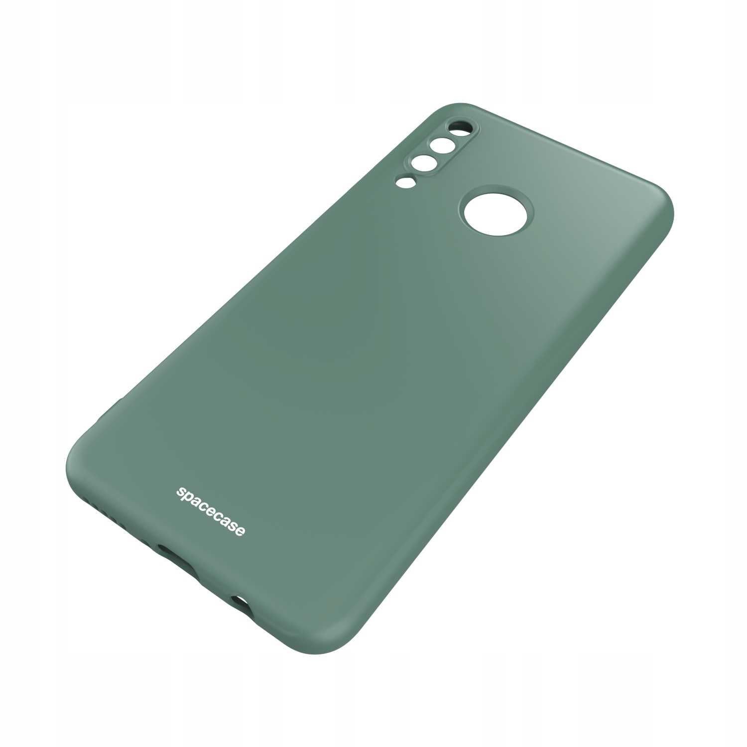 Zielone etui na telefon z napisem „spacecase” na białym tle, lekko pochylone w lewo.