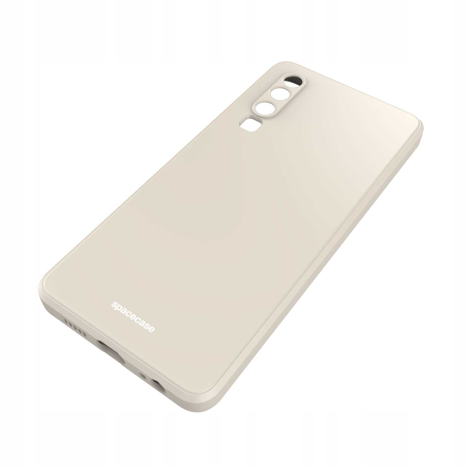 Beżowe etui na telefon z napisem „spacecase” na białym tle, lekko pochylone w lewo.