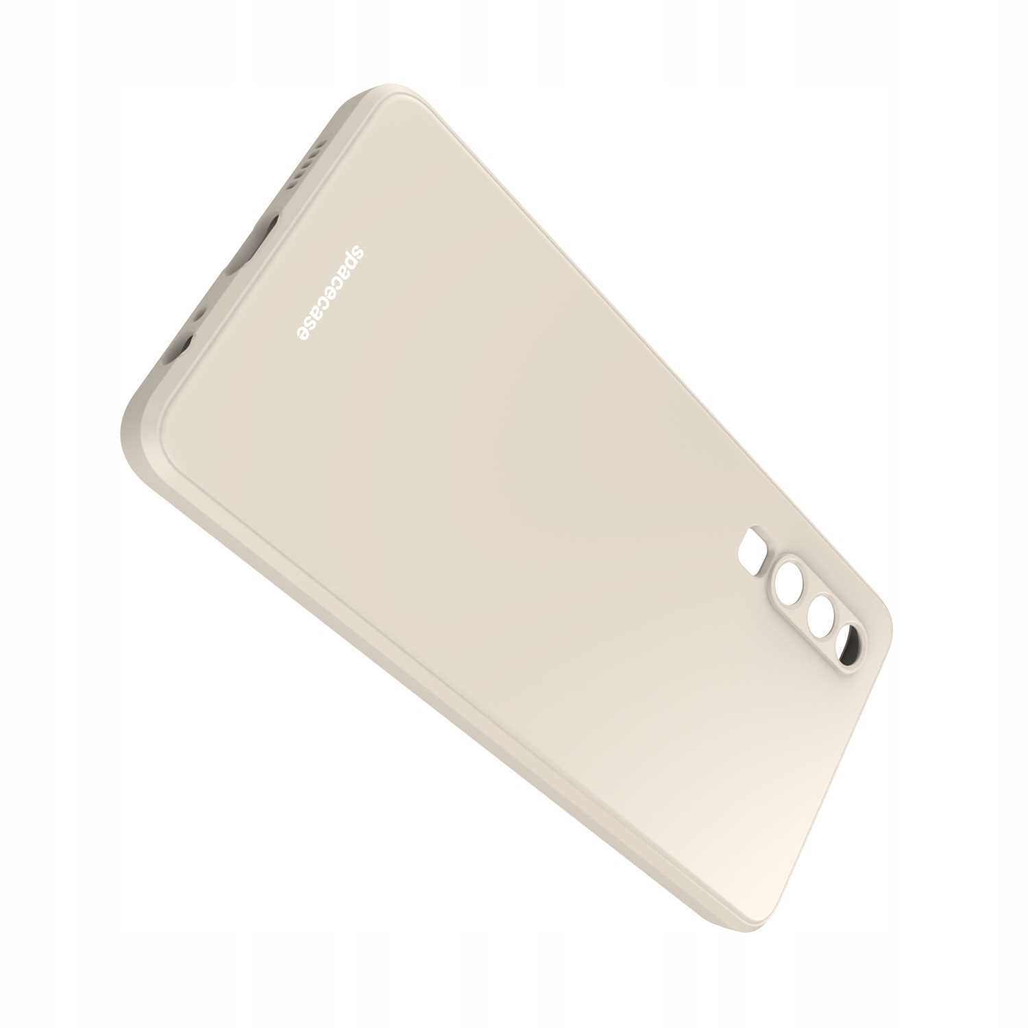 Beżowe etui na telefon z napisem „spacecase” na białym tle, lekko pochylone w prawo.