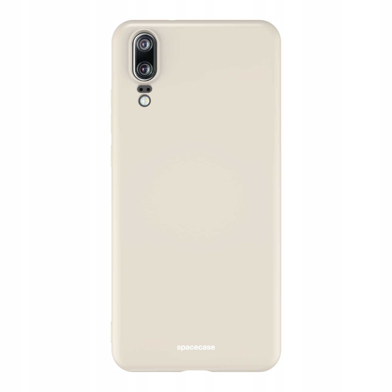 Jasnobrązowe etui na telefon. Ma wycięcia na aparat i logo 'spacecase'.
