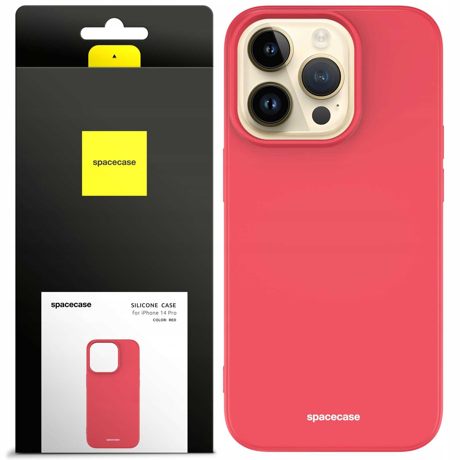 Opakowanie etui na telefon i czerwone etui. Na etui napis 'spacecase'.