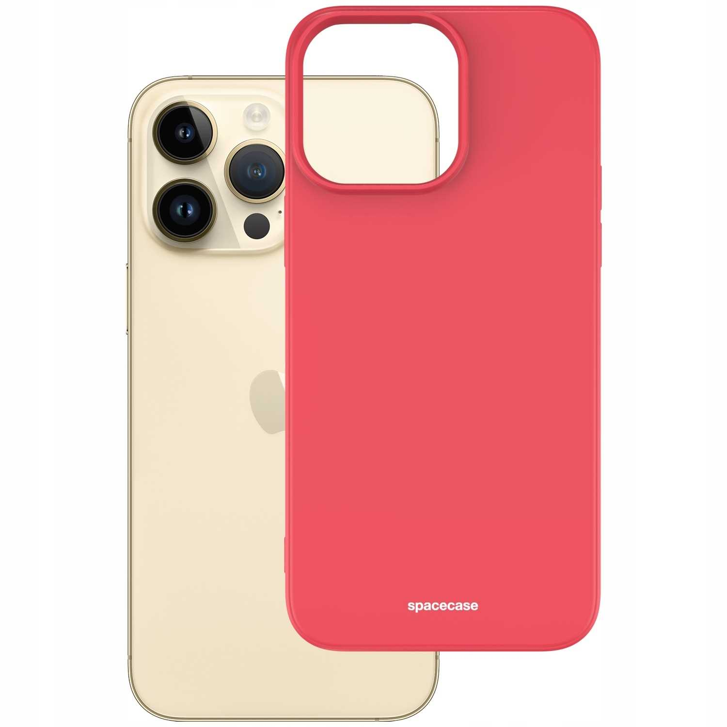 Czerwone etui na telefon obok tyłu telefonu. Etui ma napis 'spacecase'.