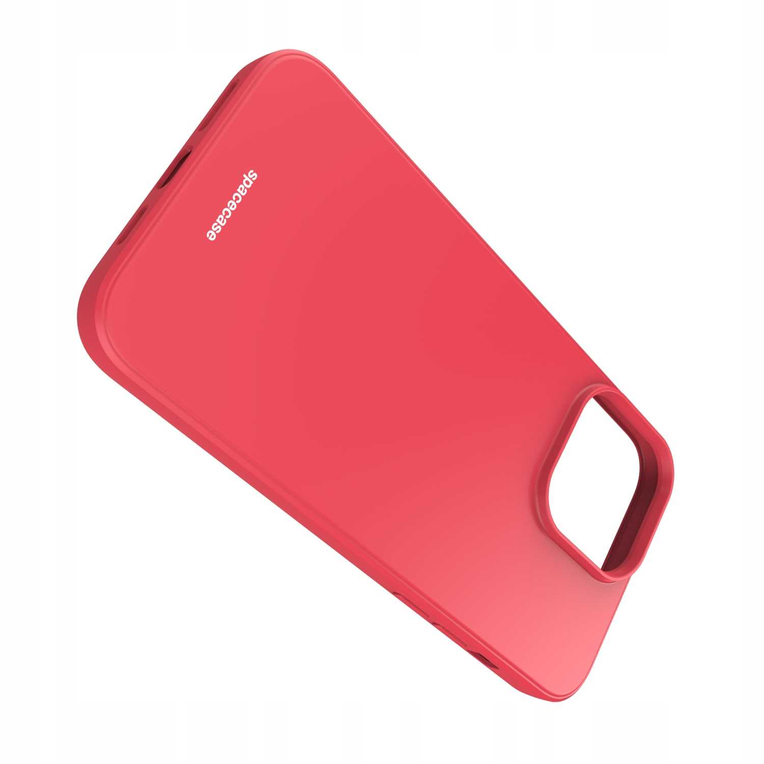 Ukośny widok czerwonego etui na telefon z brandingiem „spacecase” na białym tle.