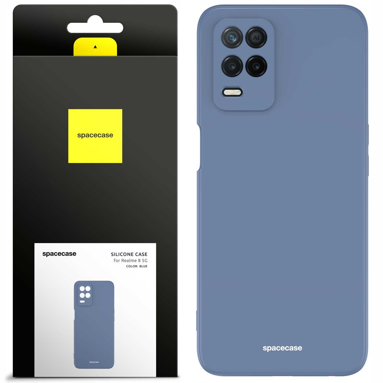 Niebieskie etui na telefon obok telefonu, pokazujące markę spacecase.