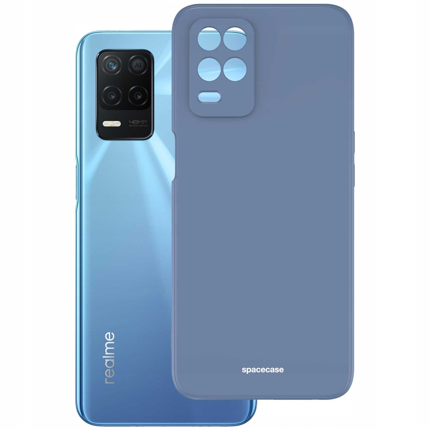 Niebieskie etui na telefon obok telefonu, pokazujące marki realme i spacecase.