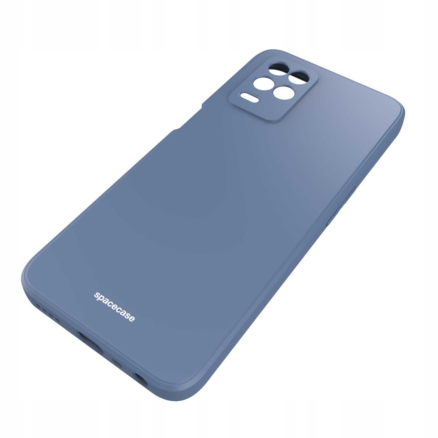 Niebieskie etui na telefon ustawione pod kątem na białym tle. Widoczne otwory na aparat i logo „spacecase”. Nowoczesna ochrona.