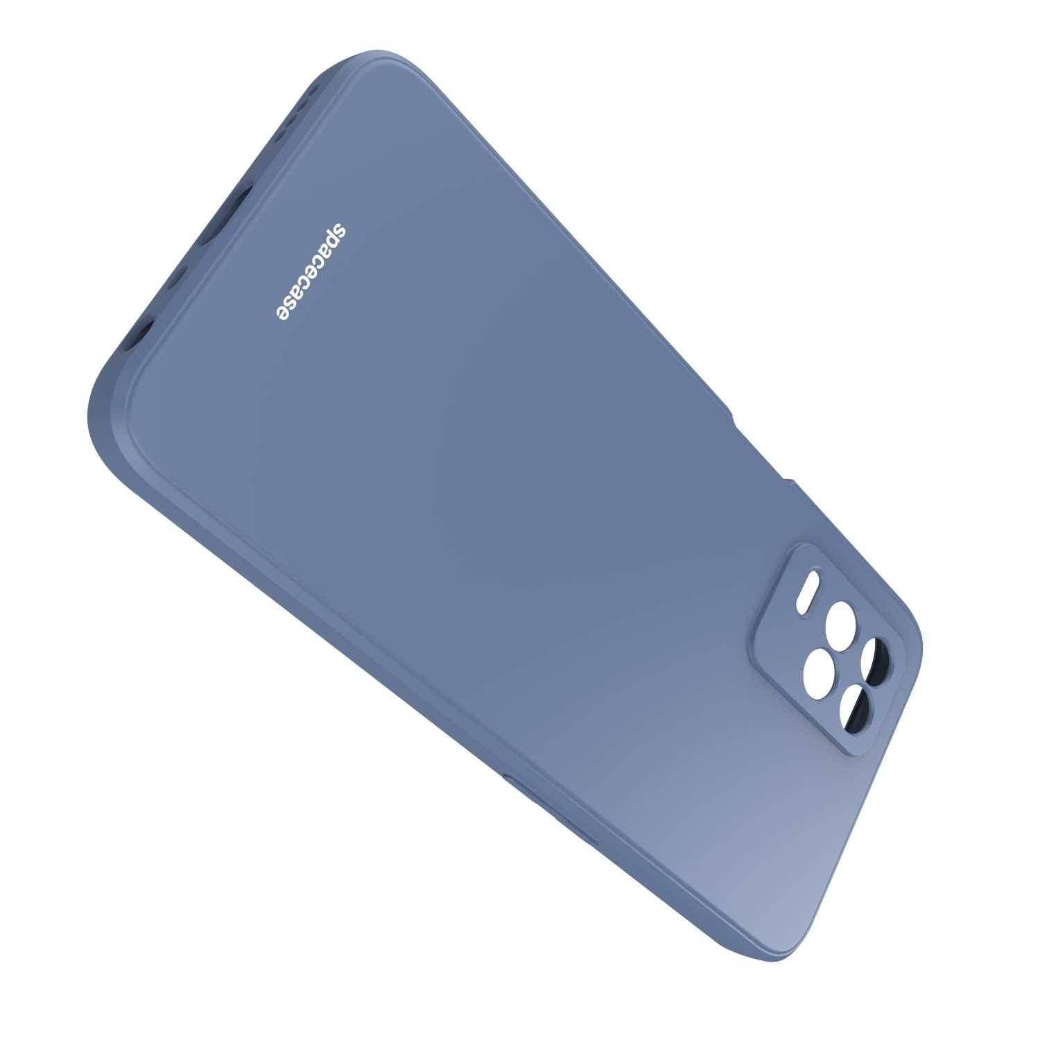 Niebieskie etui na telefon ustawione pod kątem na białym tle. Widoczne otwory na aparat i logo „spacecase”. Nowoczesna ochrona.