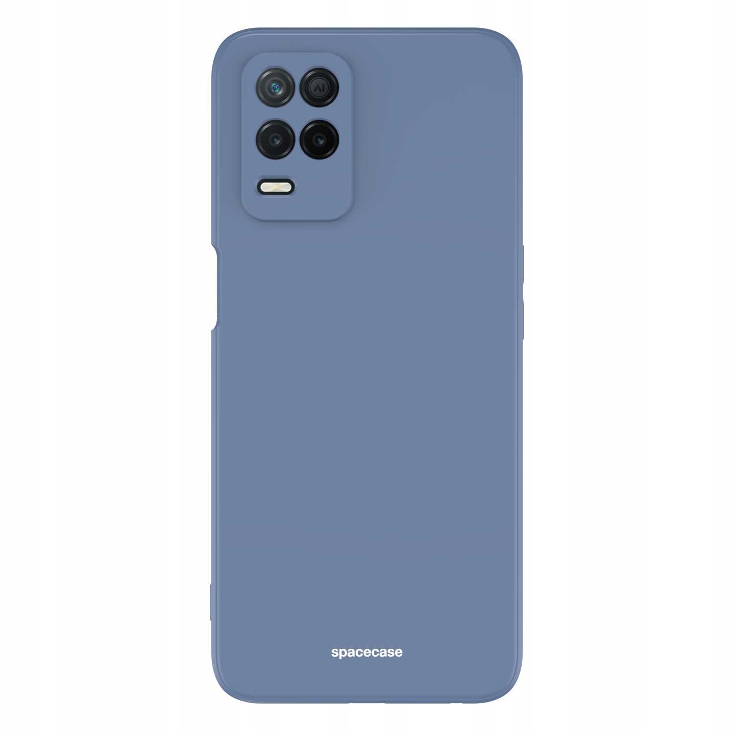 Niebieskie etui na telefon na białym tle. Widoczne obiektywy aparatu. Logo „spacecase” na dole. Nowoczesna ochrona.
