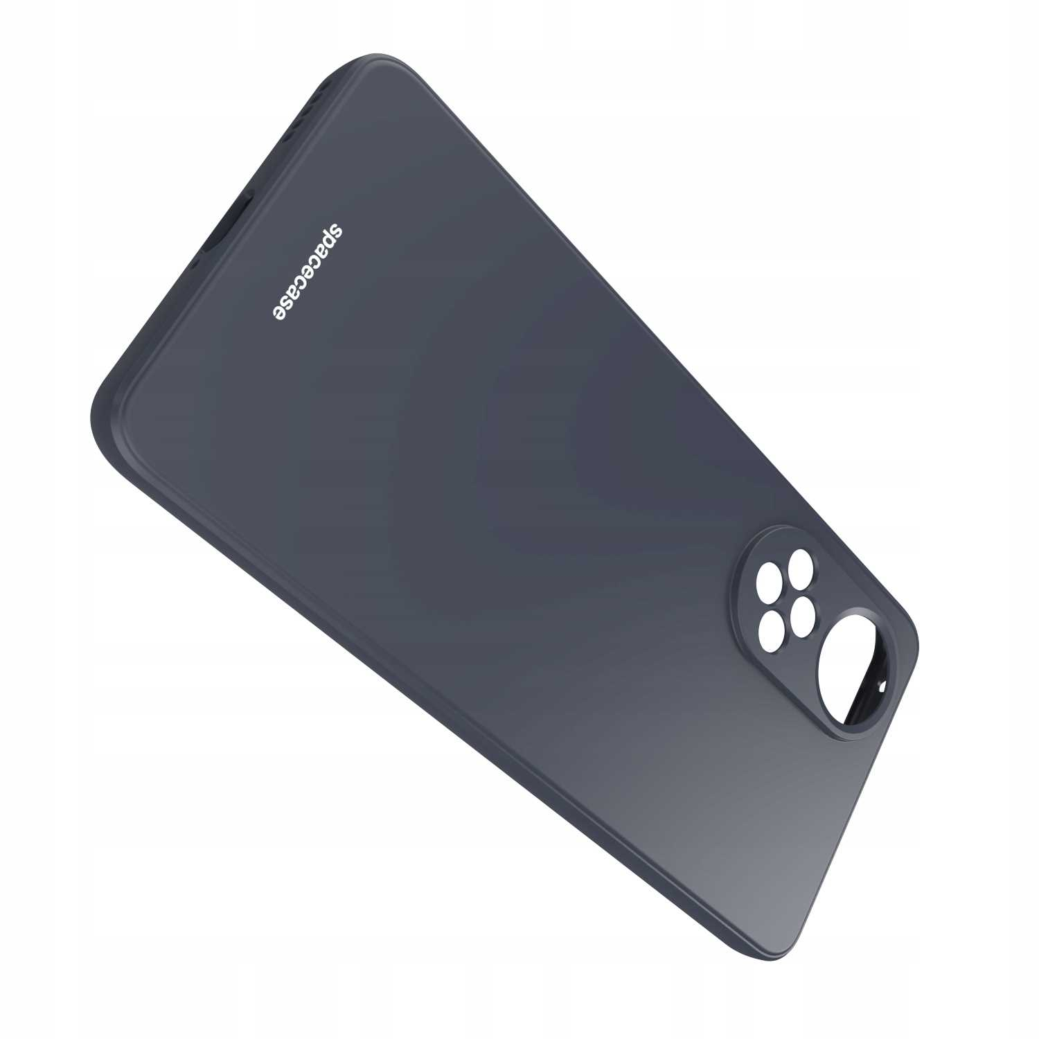 Ciemnoszare etui na telefon z wycięciami na aparat i logo Spacecase.