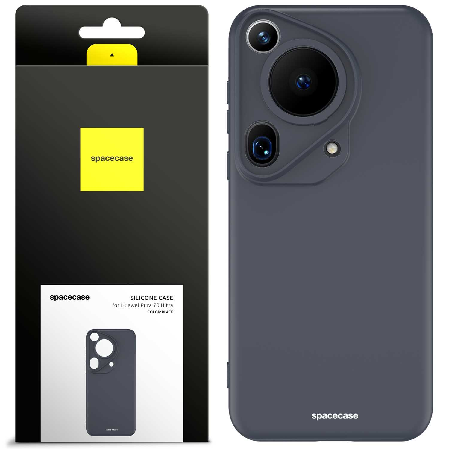 Ciemnoszare etui na telefon z obiektywami aparatu, obok opakowania. Widoczne logo 'spacecase' na obu.