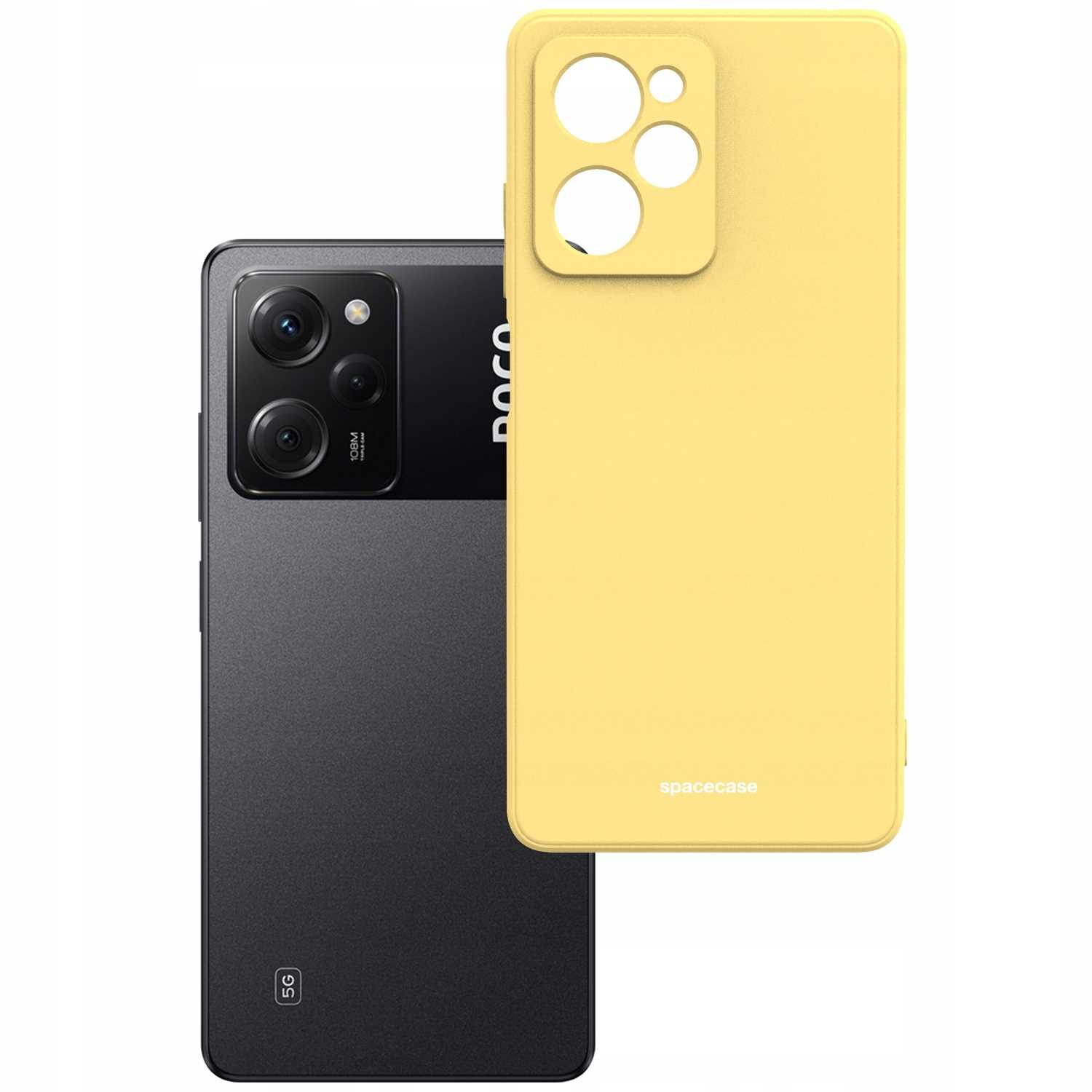 Czarny telefon i żółte etui na telefon, oba z napisem 'spacecase'.