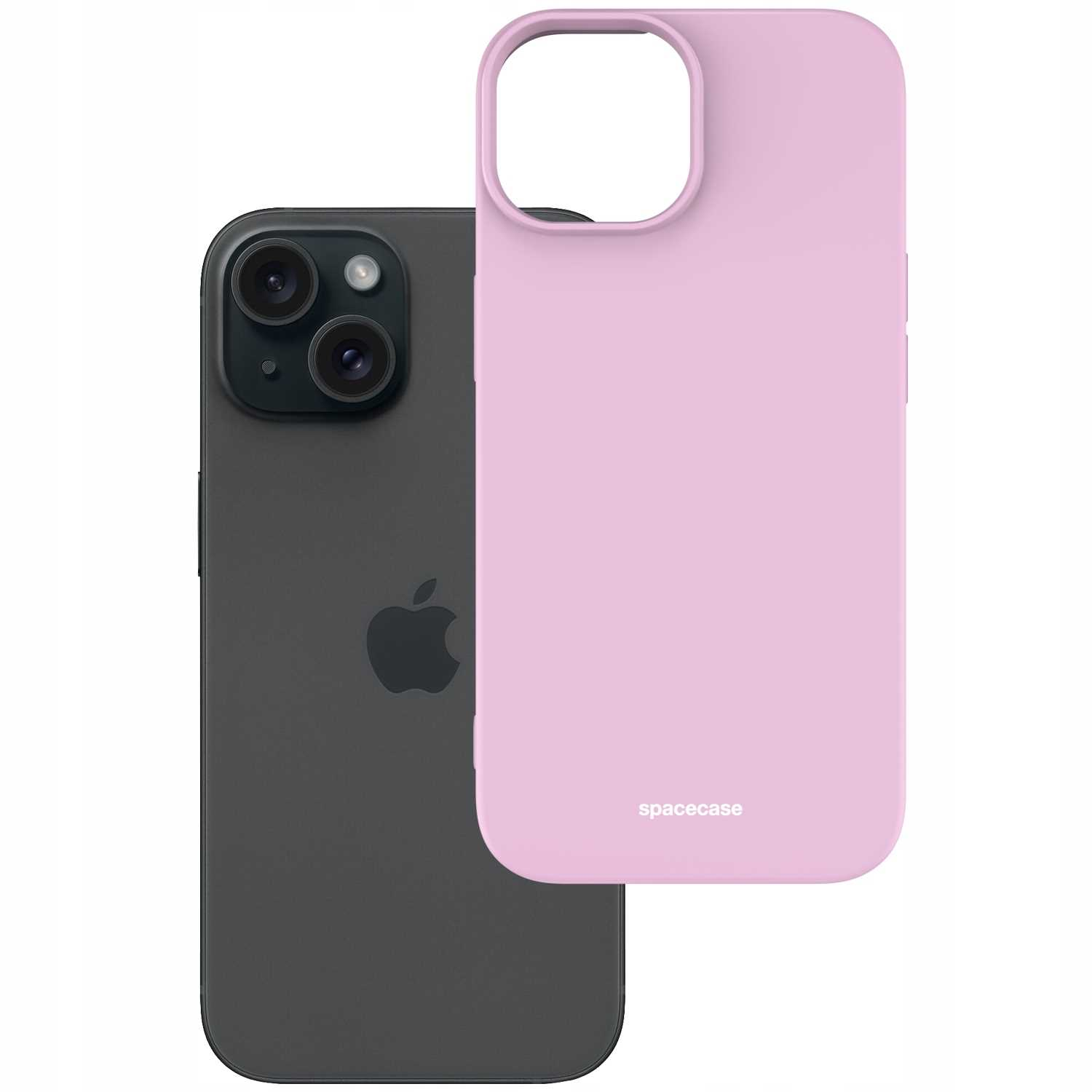 Czarny telefon i różowe etui na telefon, oba z napisem 'spacecase'.