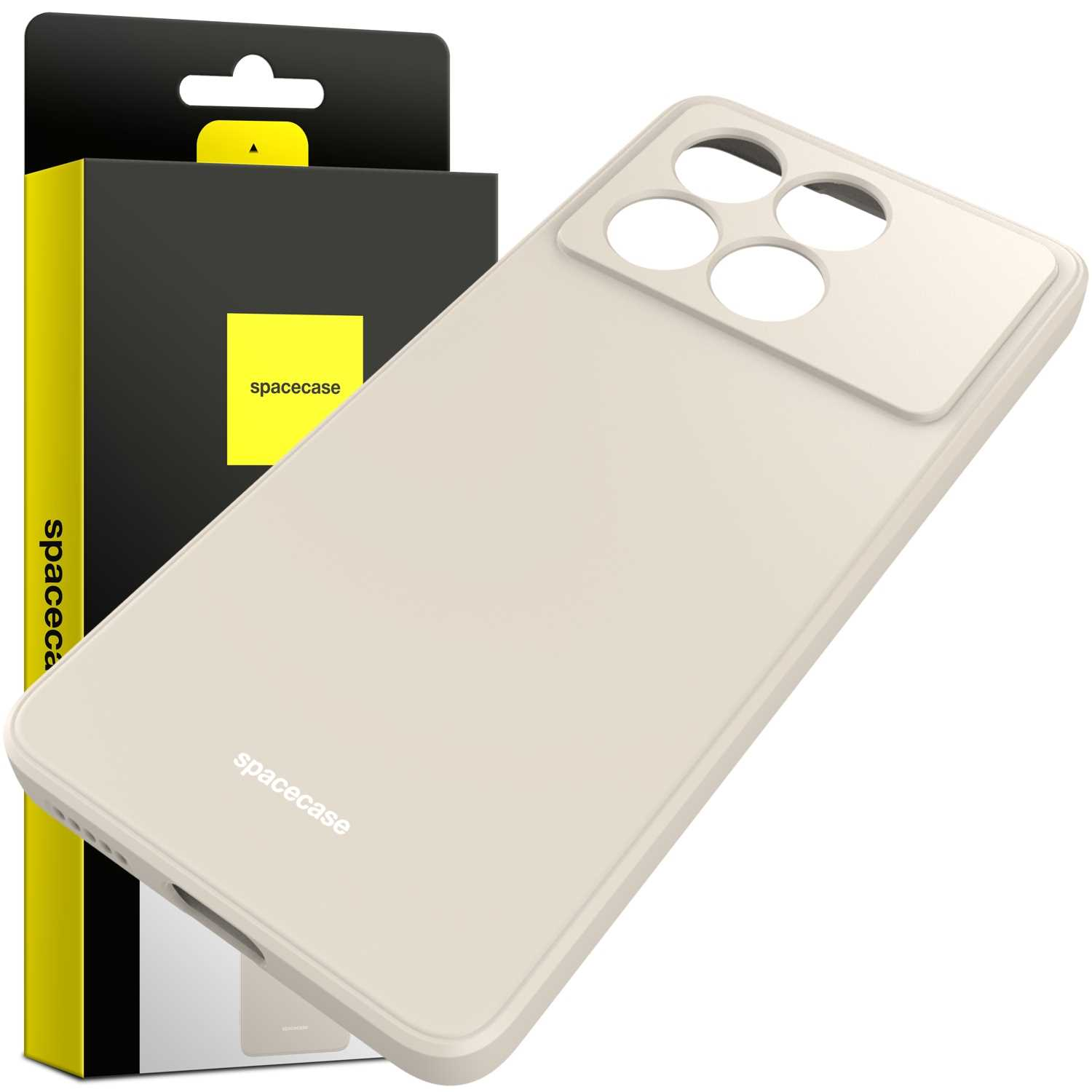 Beżowe etui na telefon z napisem 'spacecase' z boku.