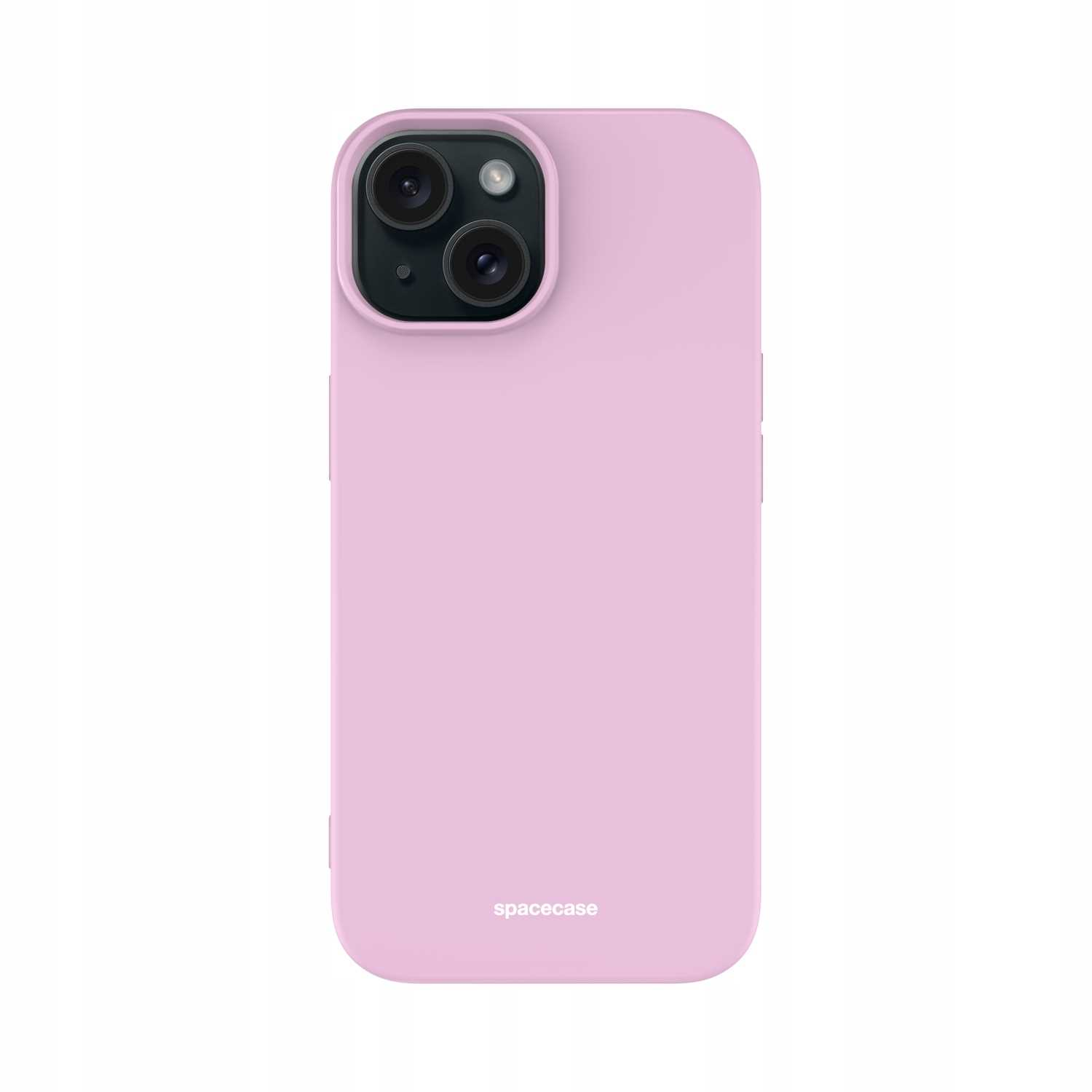 Jasnoróżowe etui na telefon stoi pionowo, prezentując aparat i logo 'spacecase'.