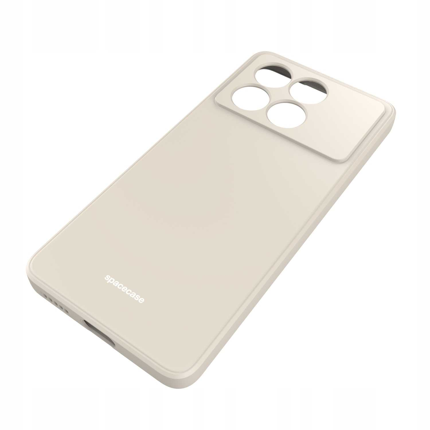 Beżowe etui na telefon pod kątem, pokazujące otwory na kamerę i logo 'spacecase'.