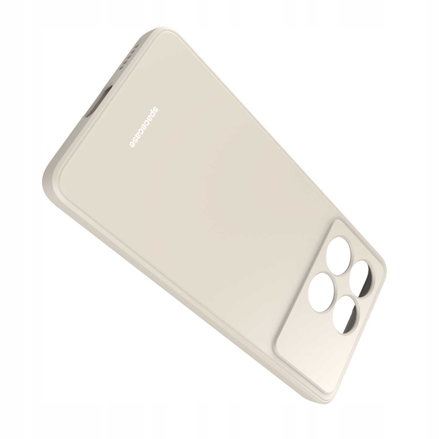 Beżowe etui na telefon pod kątem, pokazujące otwory na kamerę i logo 'spacecase'.