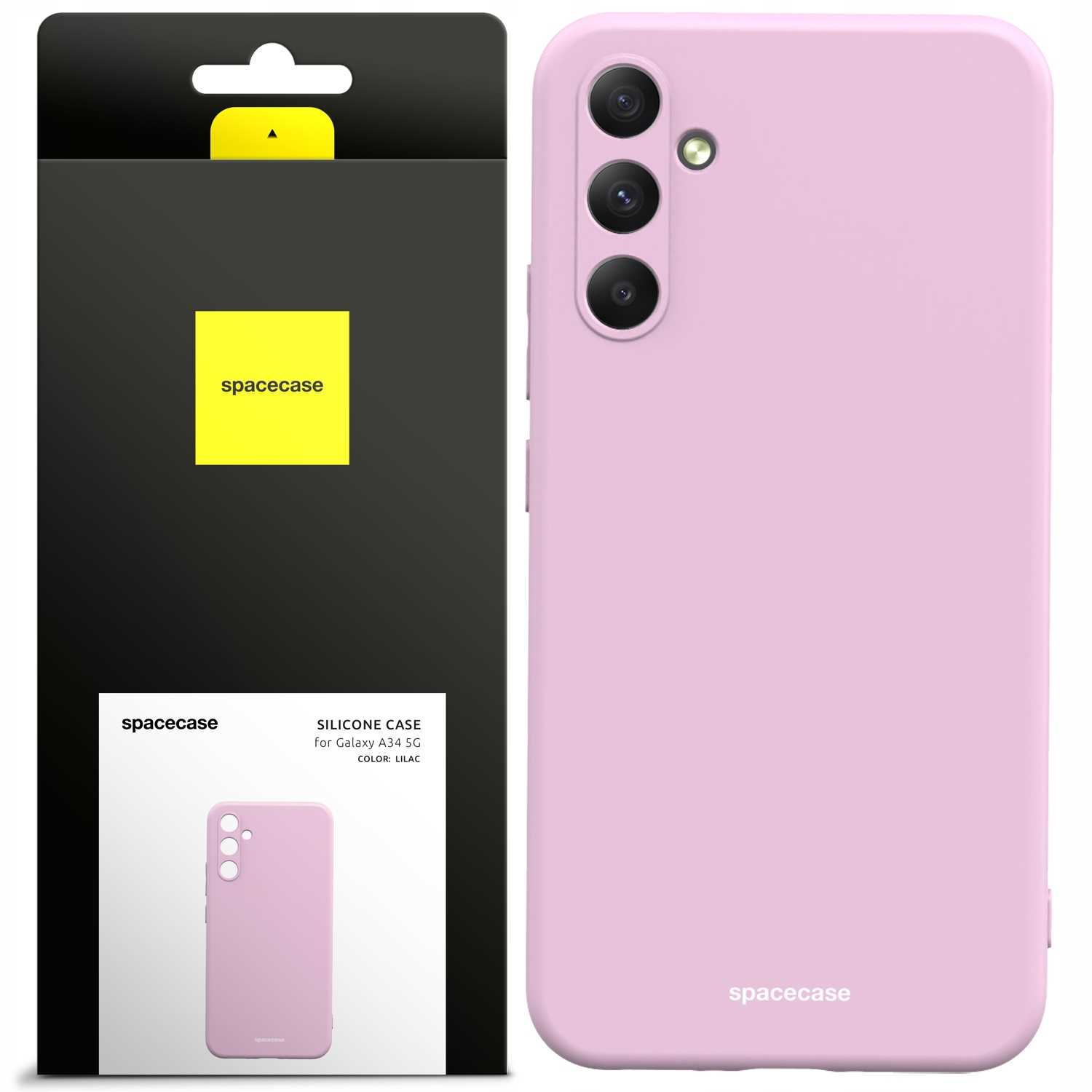 Liliowe etui na telefon 'spacecase' i opakowanie, z wycięciami na aparat i logo.