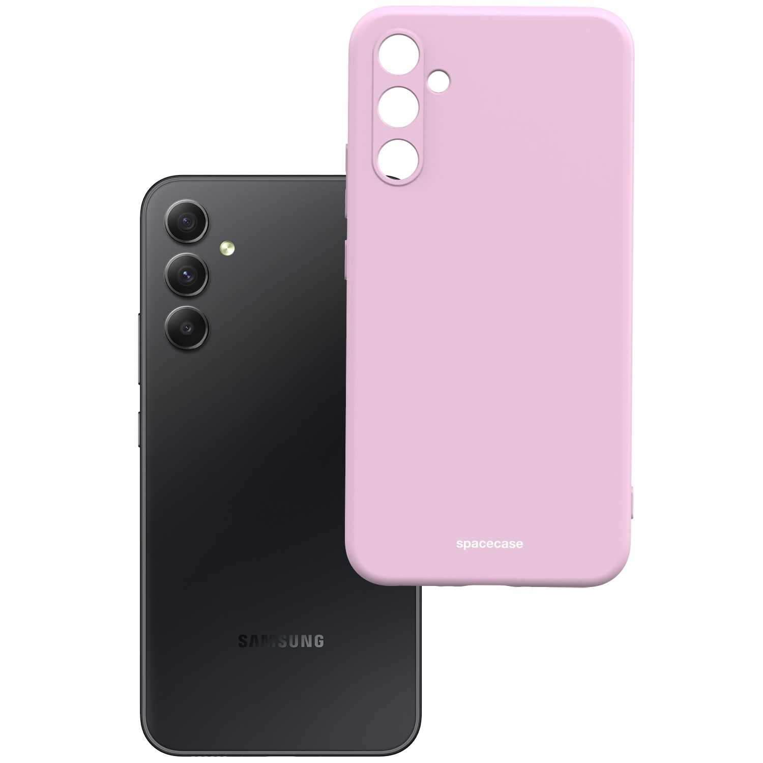 Liliowe etui na telefon 'spacecase' obok czarnego telefonu Samsung.