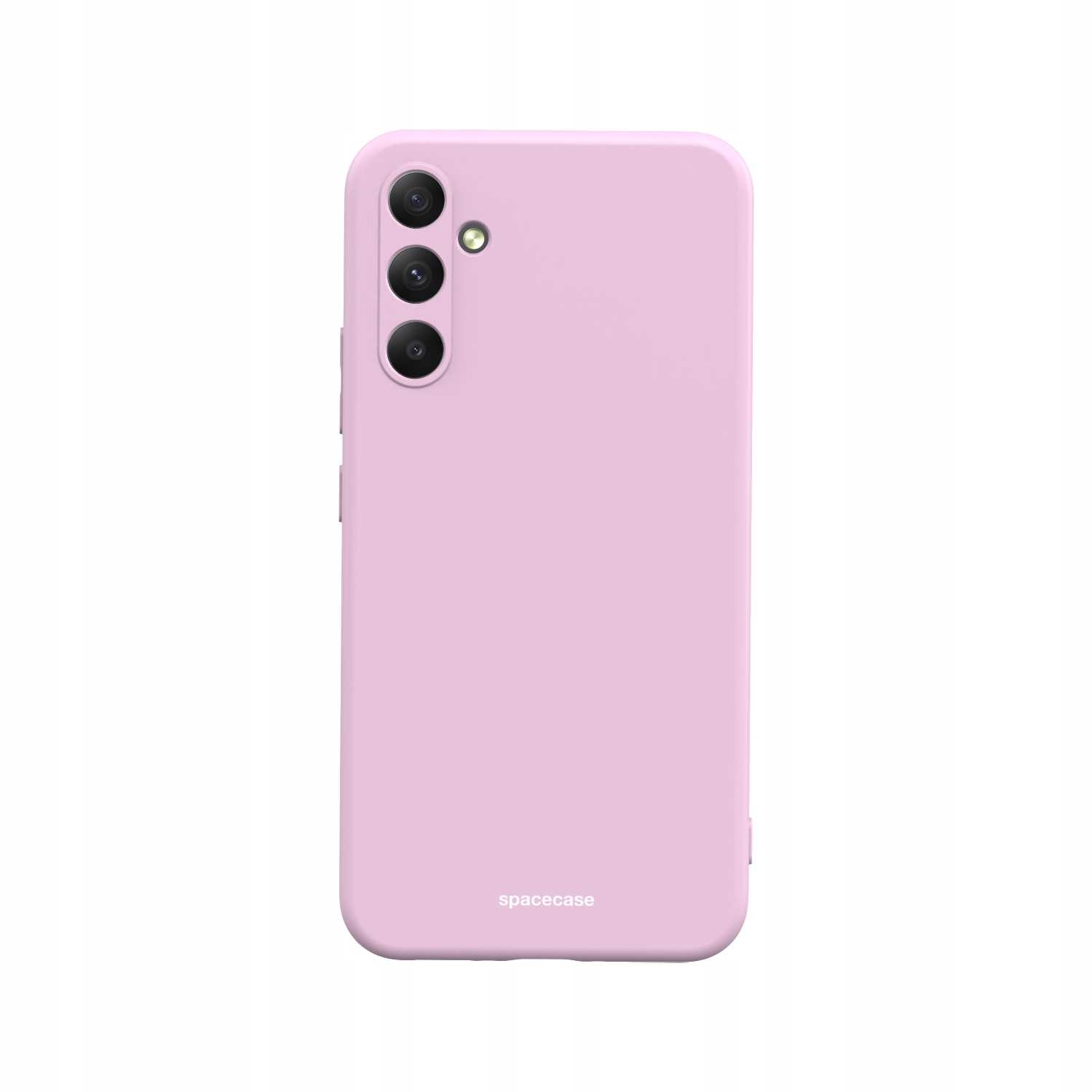 Jasnoróżowe etui na telefon stoi pionowo, prezentując aparat i logo 'spacecase'.