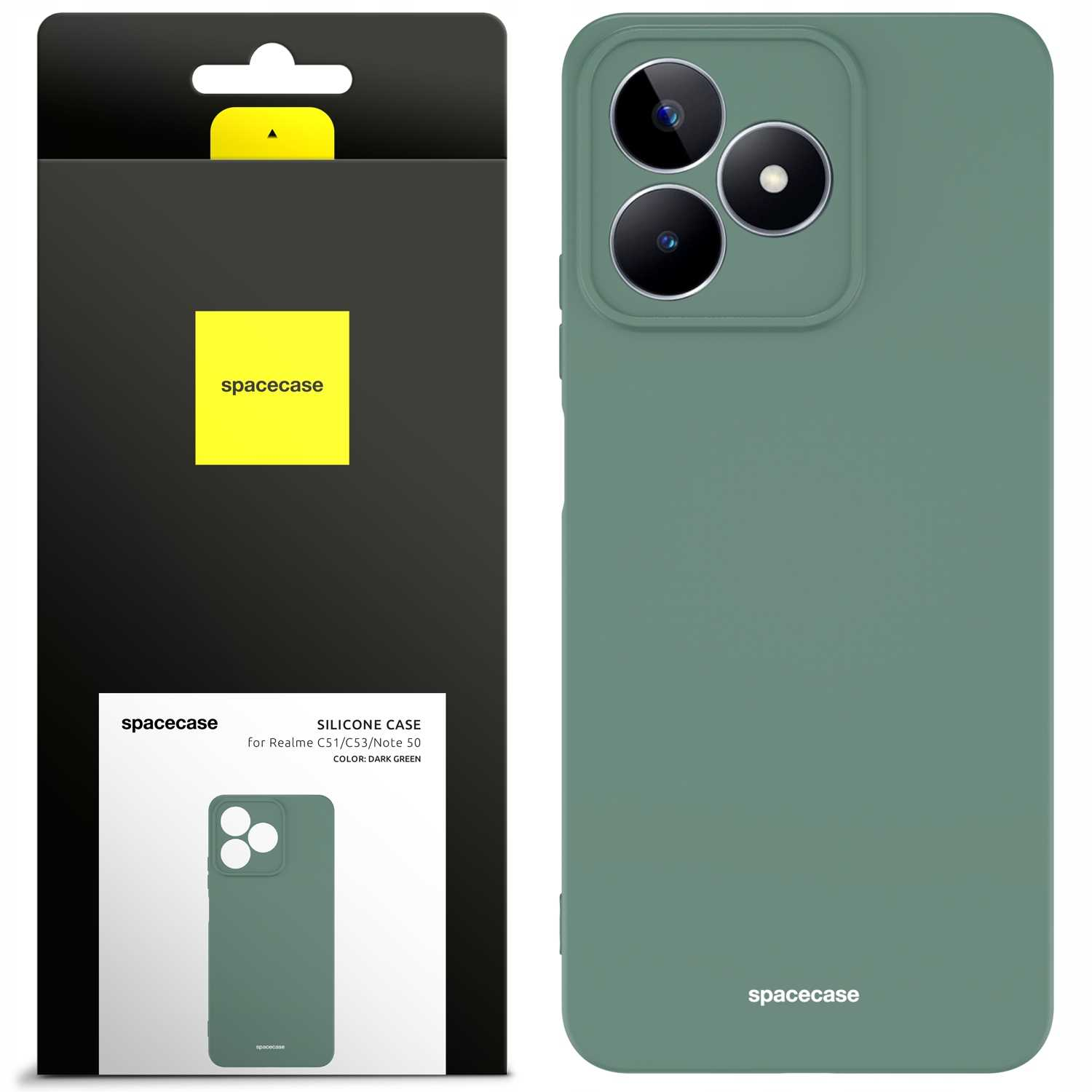 Ciemnozielone etui na telefon 'spacecase' i opakowanie, z wycięciami na aparat i logo.