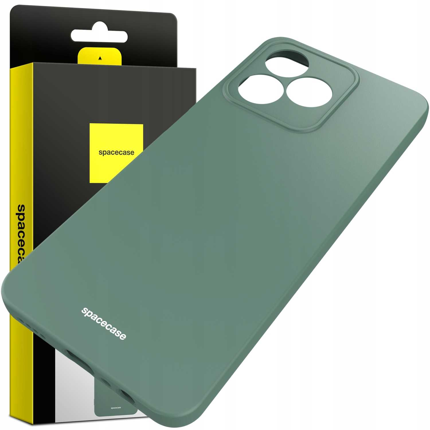 Ciemnozielone etui na telefon 'spacecase' i opakowanie, z wycięciami na aparat i logo.