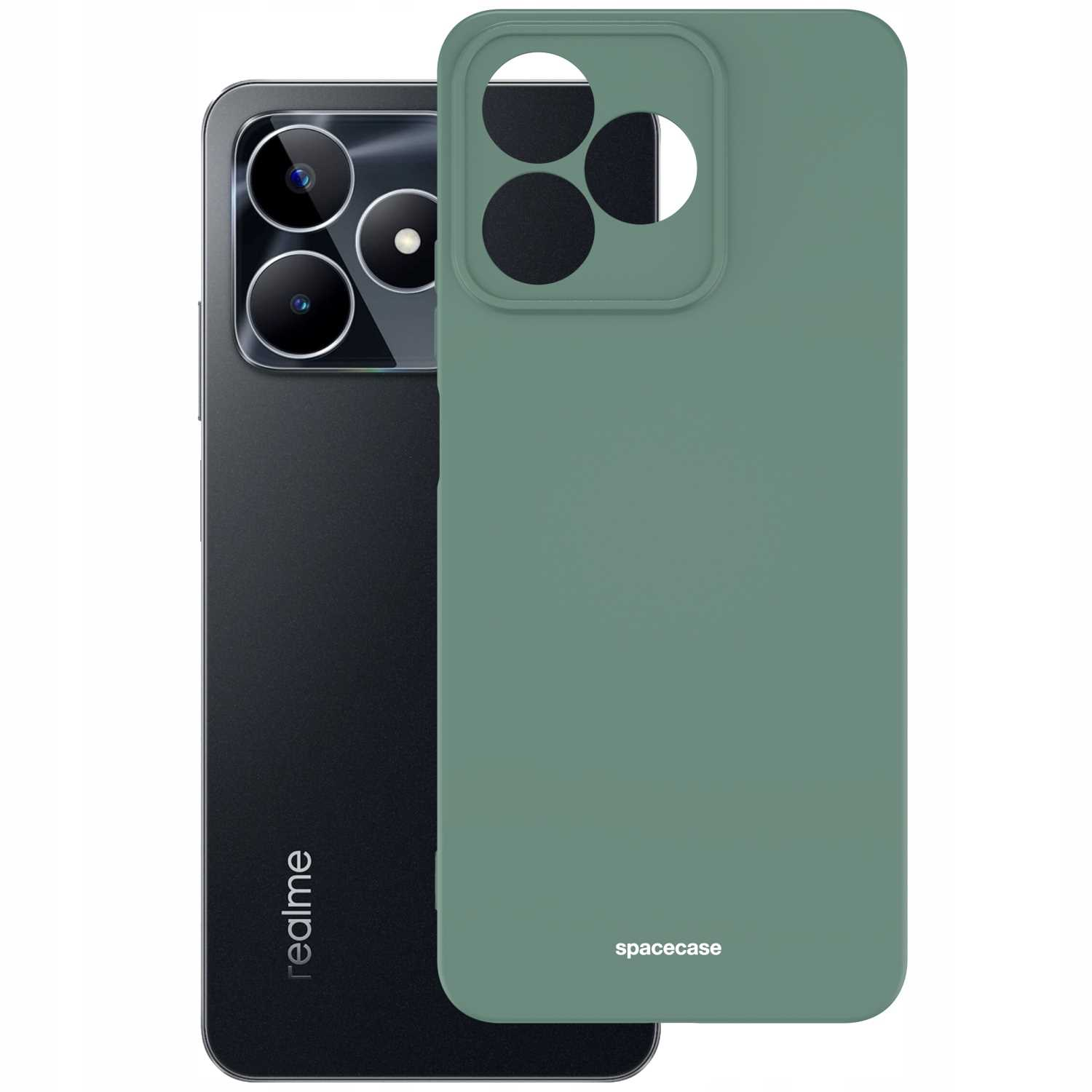 Ciemnozielone etui na telefon 'spacecase' obok czarnego telefonu Realme.