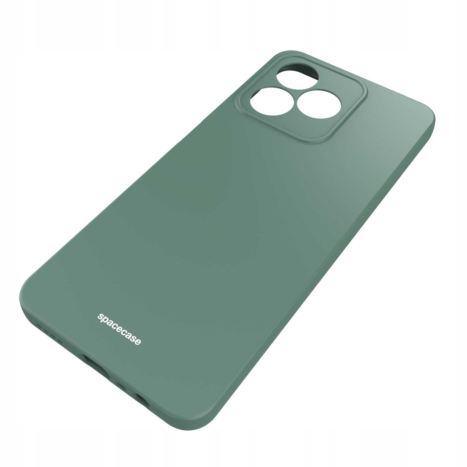 Zielona obudowa telefonu „spacecase” pod kątem z widocznymi wycięciami na obiektywy aparatu.