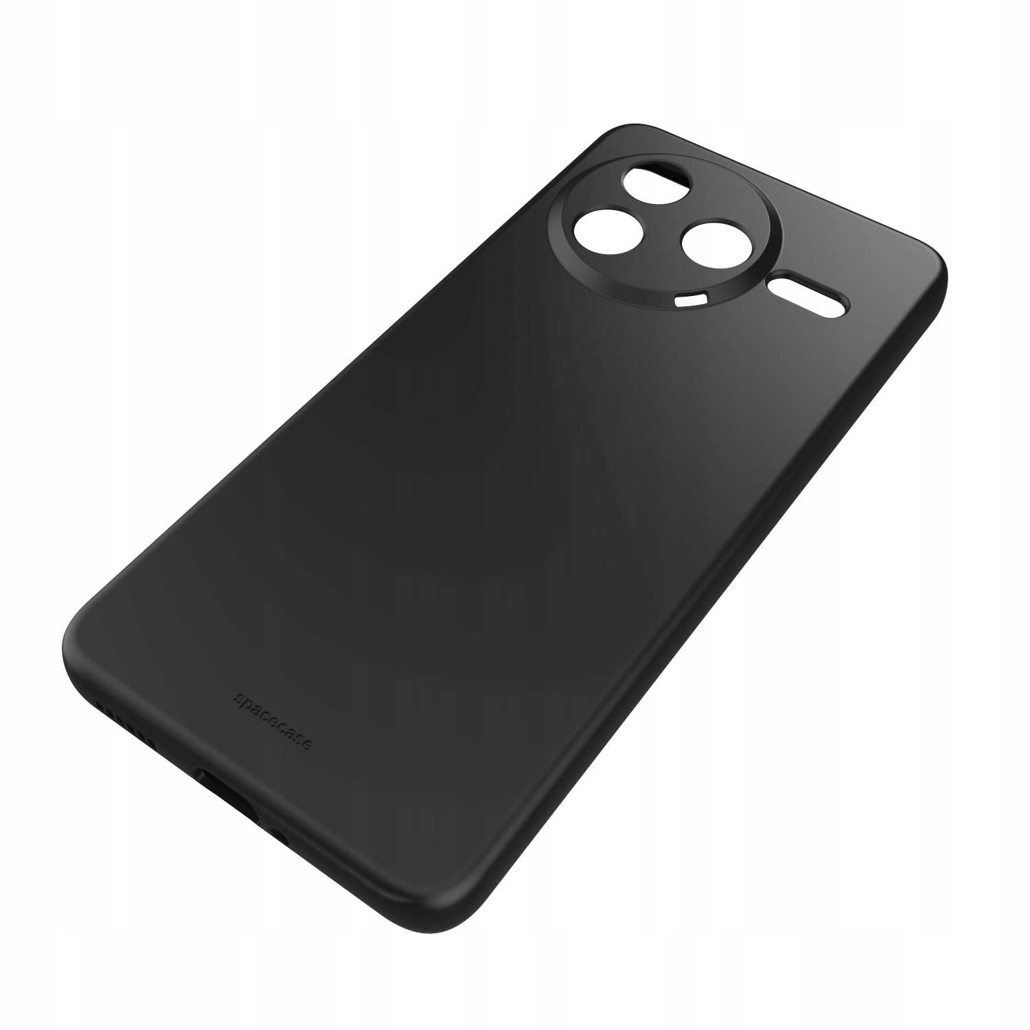 Czarne etui na telefon pod kątem z okrągłymi wycięciami na aparat, z brandingiem „spacecase”.