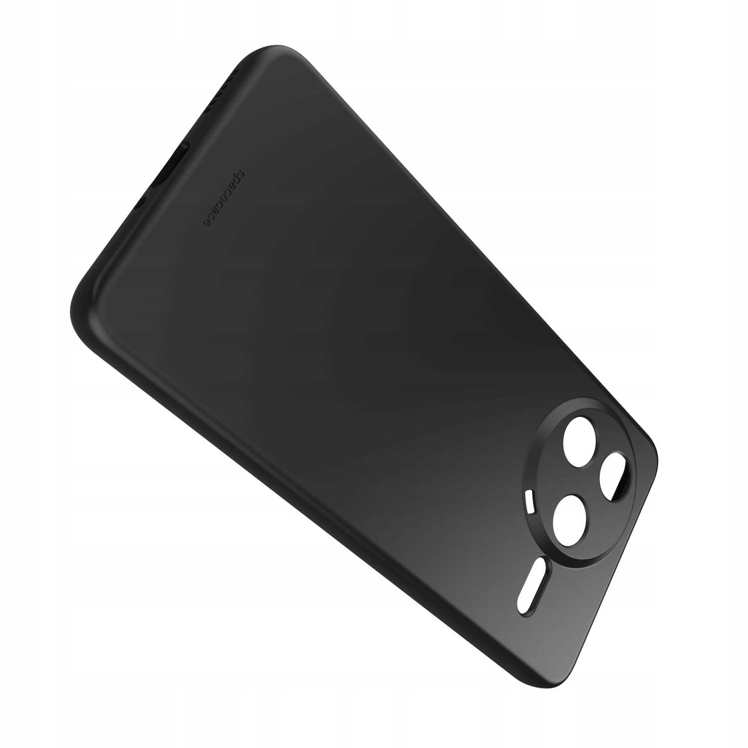 Ustawione pod kątem czarne etui na telefon pokazuje wycięcia na aparat i logo „spacecase” w górnym rogu.