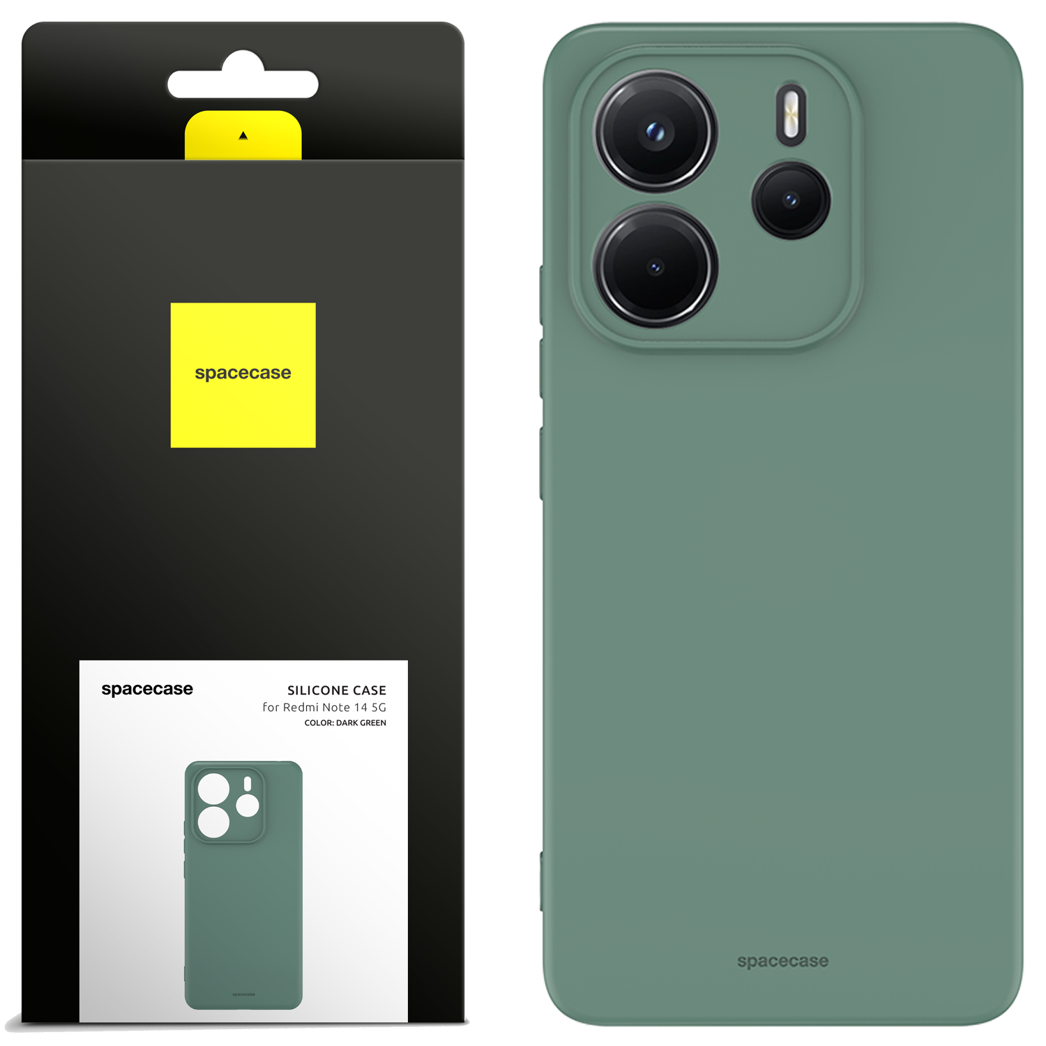 Ciemnozielone silikonowe etui na Redmi Note 14 5G obok opakowania, oba z logo „spacecase”.