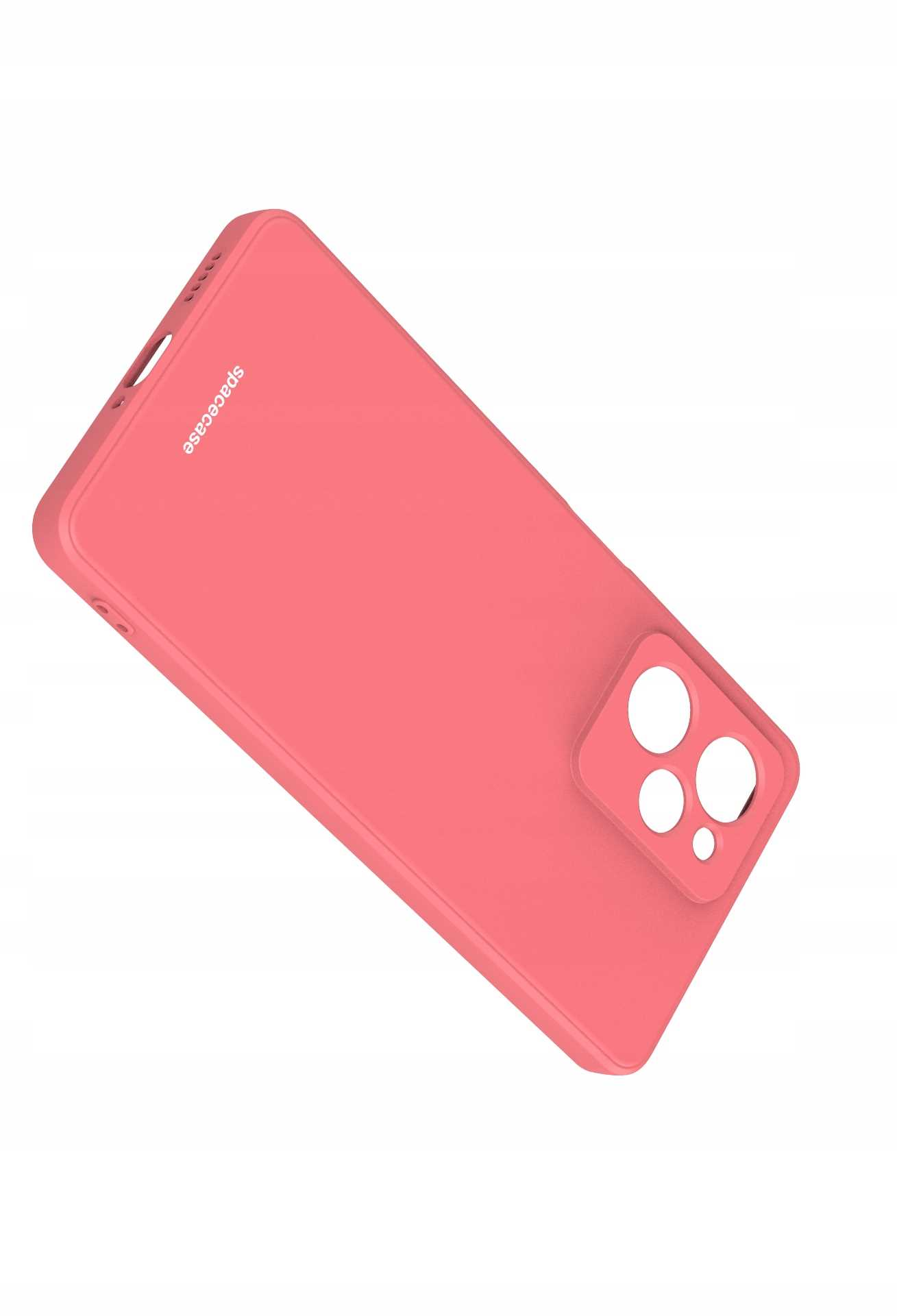Czerwone etui na telefon z wycięciami na obiektyw aparatu pod kątem.