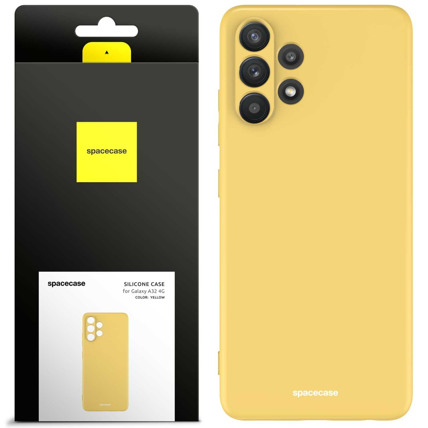 Żółte silikonowe etui na telefon obok opakowania, z wycięciami na obiektyw aparatu i logo 'spacecase' na obu.