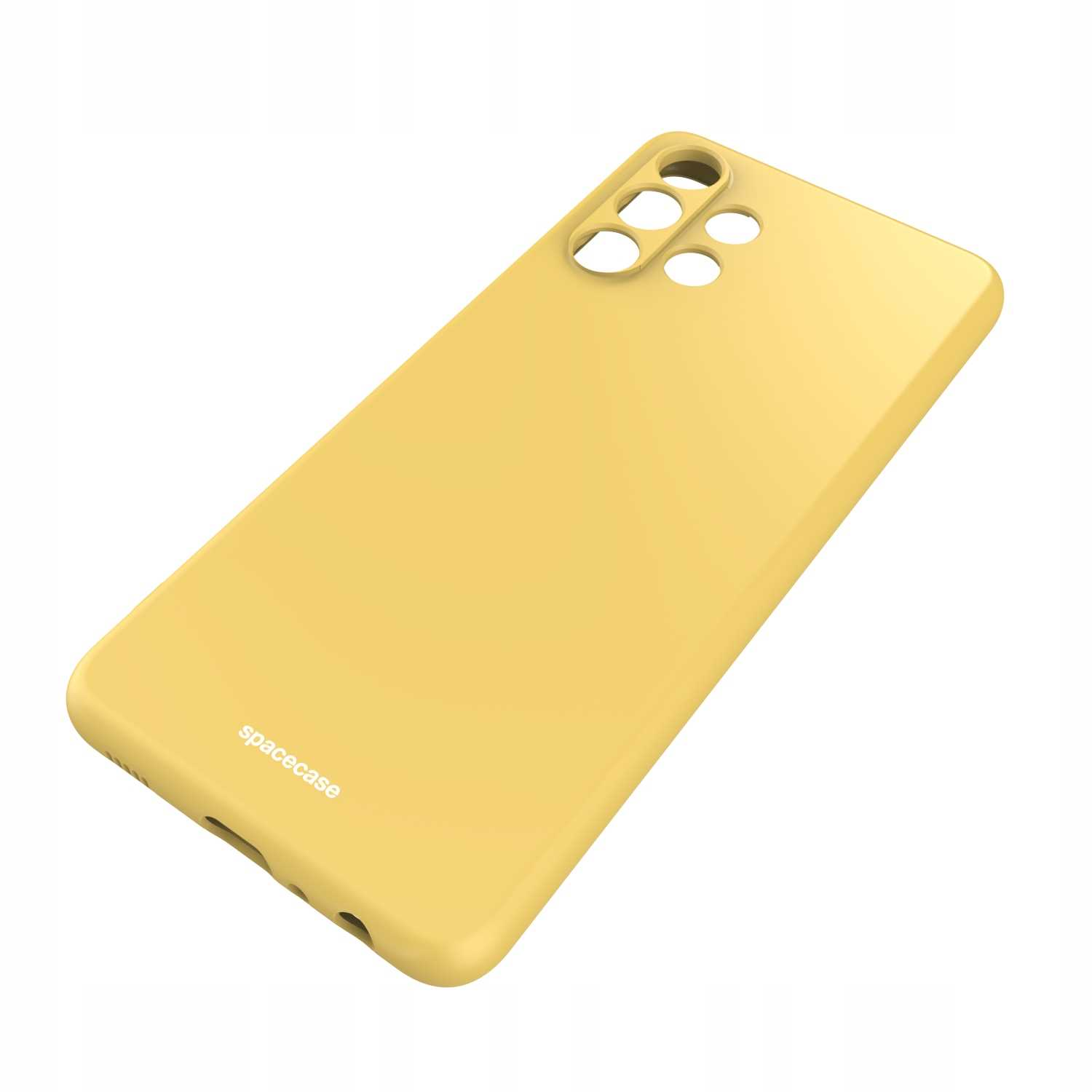 Żółte, ustawione pod kątem etui na telefon z trzema otworami na aparat i napisem spacecase.