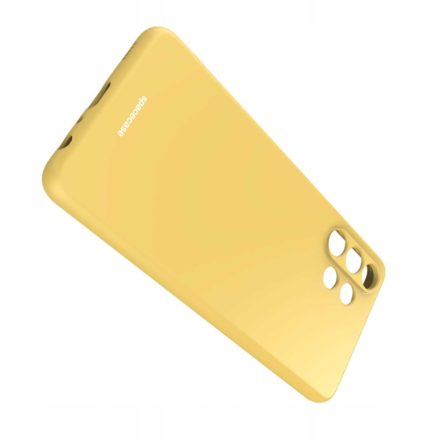 Żółte, ustawione pod kątem etui na telefon z trzema otworami na aparat i napisem spacecase.