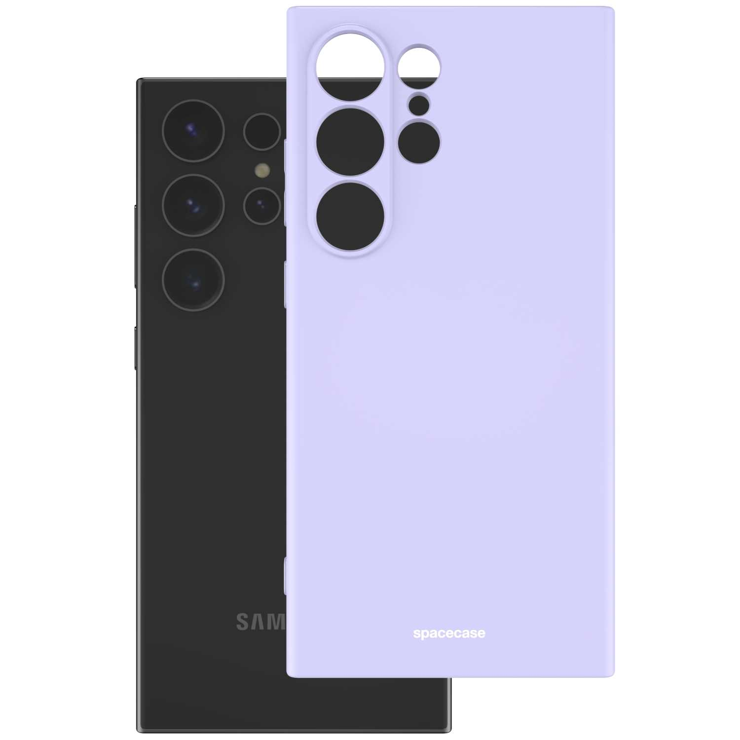 Fioletowe etui na telefon jest umieszczone obok czarnego smartfona na białej powierzchni.