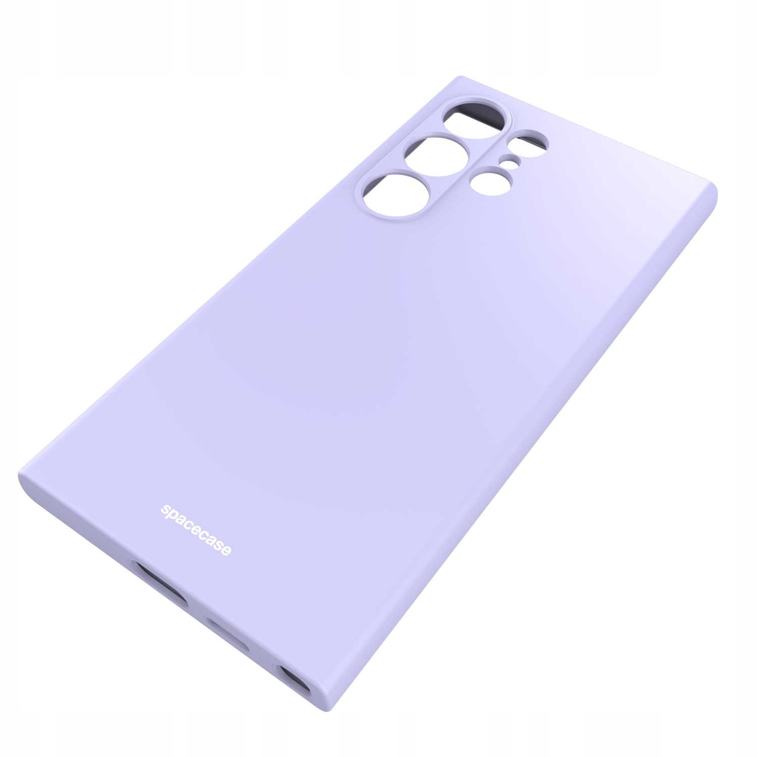 Fioletowe etui na telefon jest wyświetlane na białej powierzchni, ustawione pod kątem, aby pokazać jego kształt i funkcje.