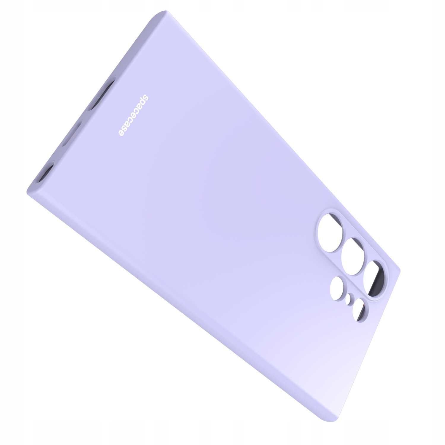 Fioletowe etui na telefon jest ustawione pod kątem na białym tle, podkreślając jego elegancki wygląd i wycięcia na aparat.