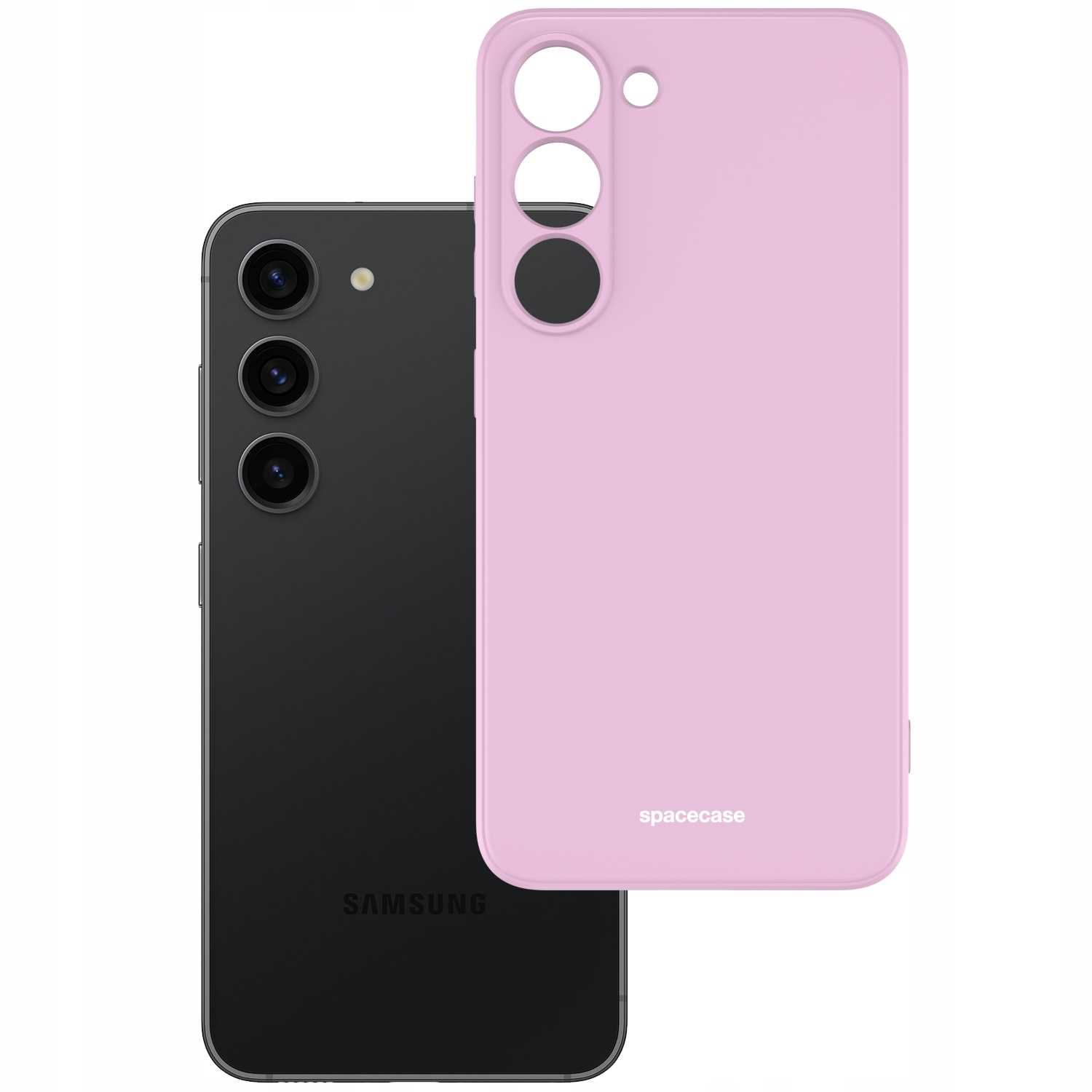 Czarny telefon Samsung i różowe etui. Etui ma wycięcia na aparat i nazwę marki.