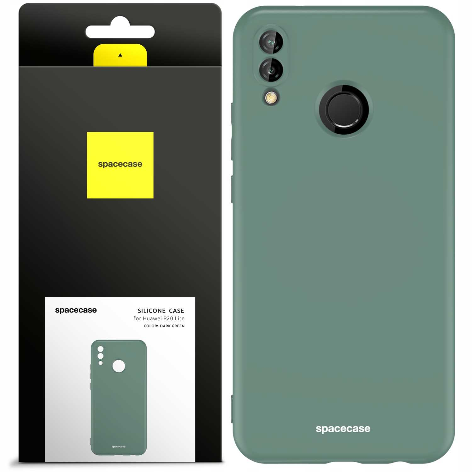 Pudełko na etui na telefon z zielonym etui i etui na telefon po prawej stronie.