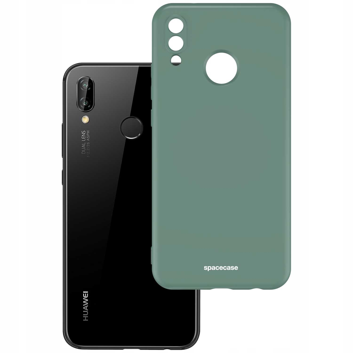 Czarny telefon i zielone etui, z nazwą marki na dole.
