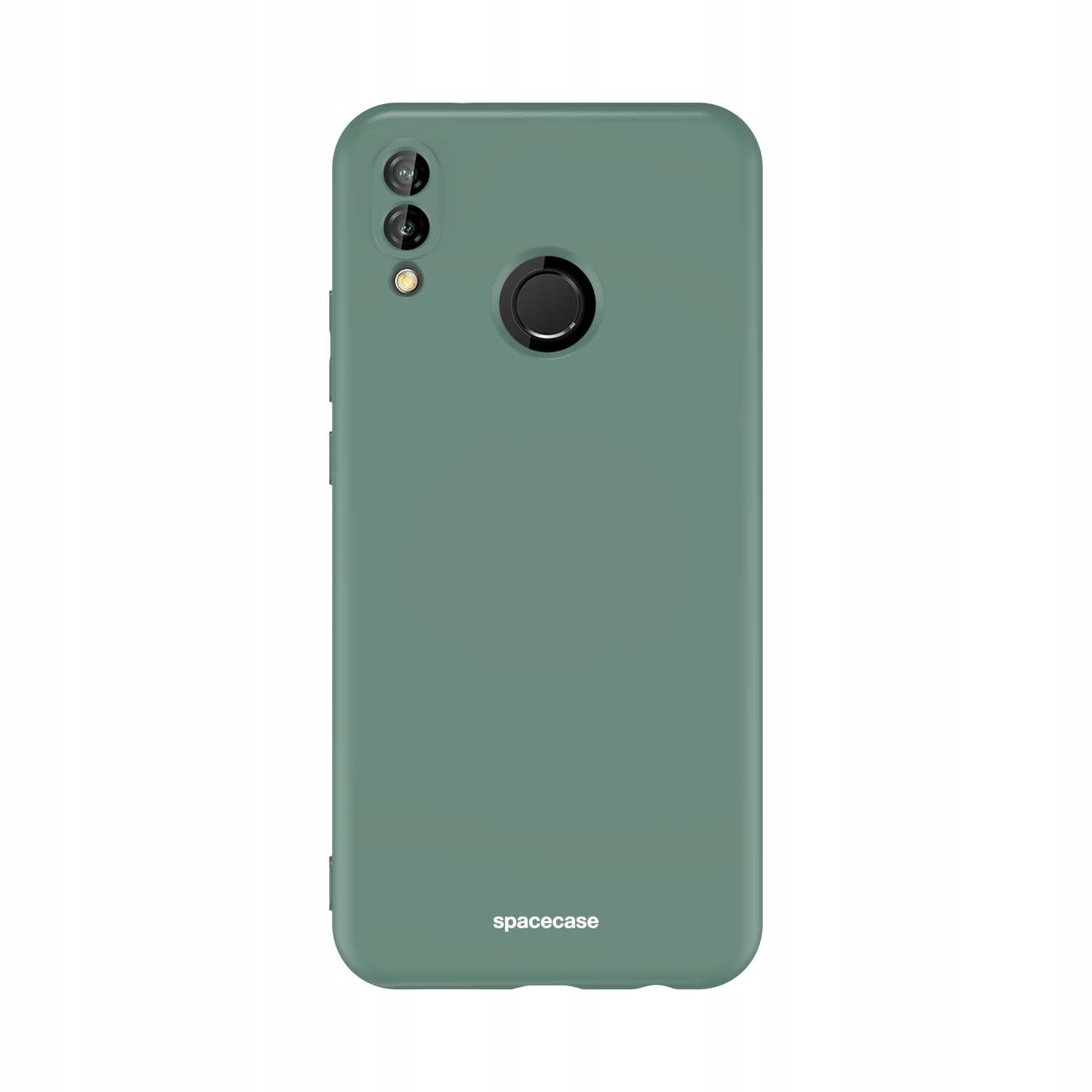 Zielona obudowa telefonu z wycięciami na aparat i logo „spacecase”.