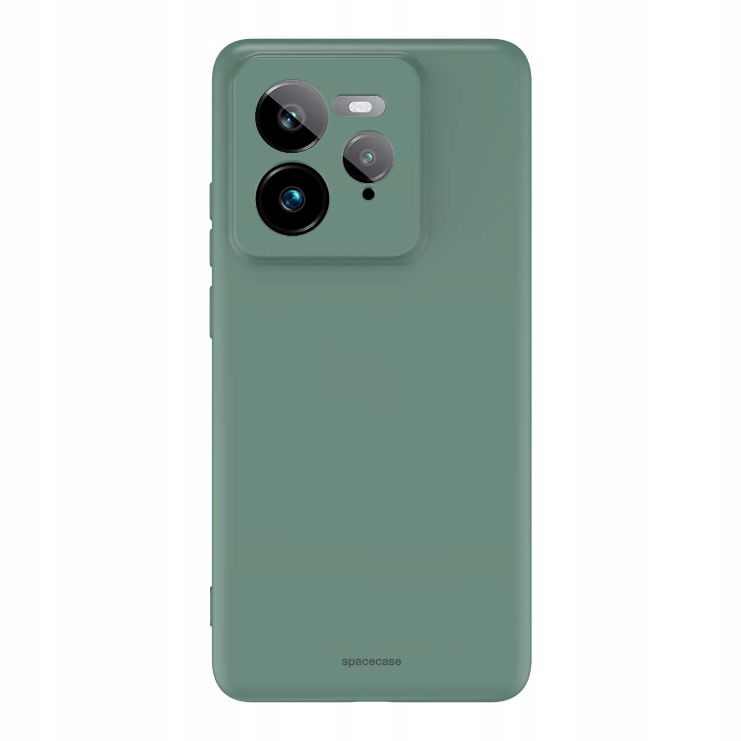 Zielona obudowa telefonu z wycięciami na aparat i logo „spacecase”.