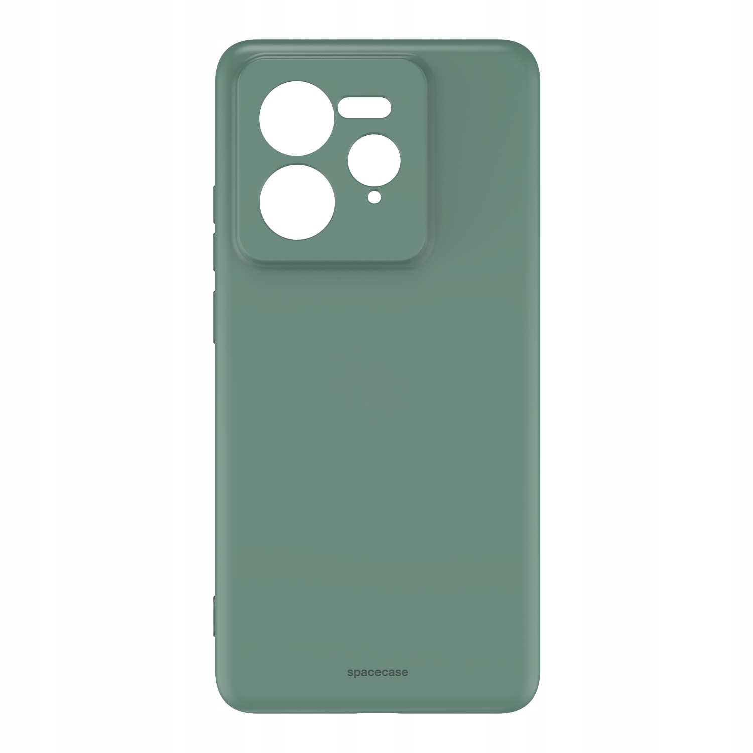 Zielona obudowa telefonu z wycięciami na aparat i logo „spacecase”.