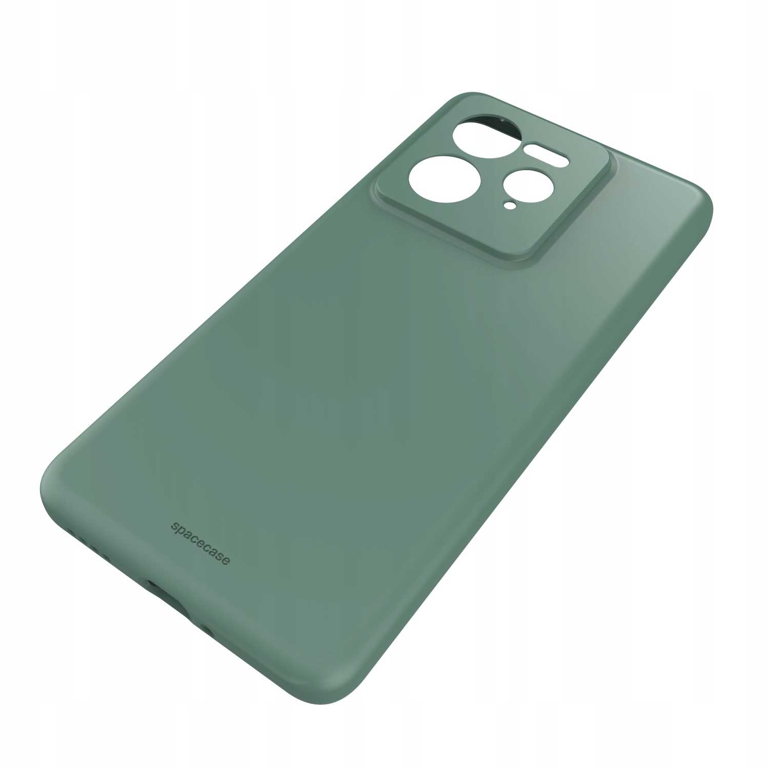 Zielona obudowa telefonu z wycięciami na aparat i logo „spacecase”.