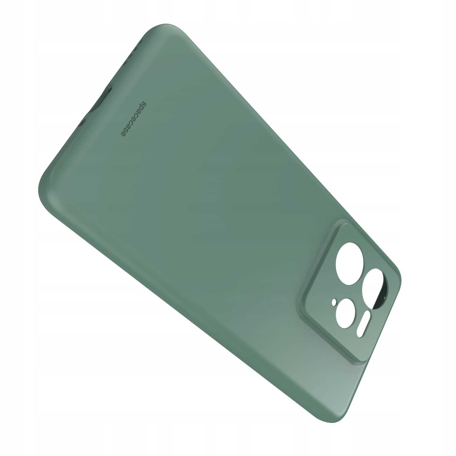 Zielone etui na telefon z wycięciami na aparat i napisem spacecase z boku, leżące na białym tle.