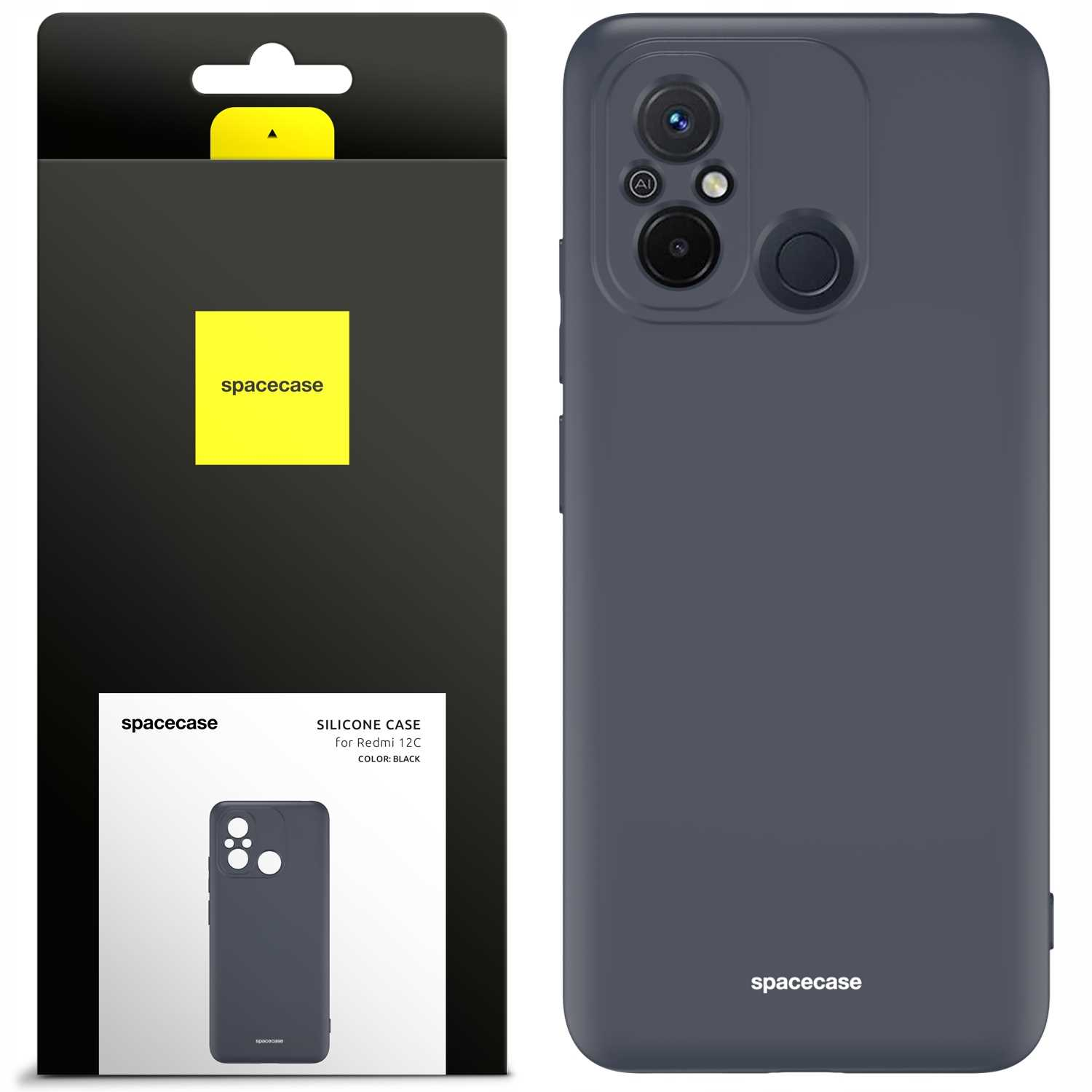 Czarne etui na telefon obok opakowania, z wycięciami na aparat i napisem spacecase w prawym dolnym rogu.